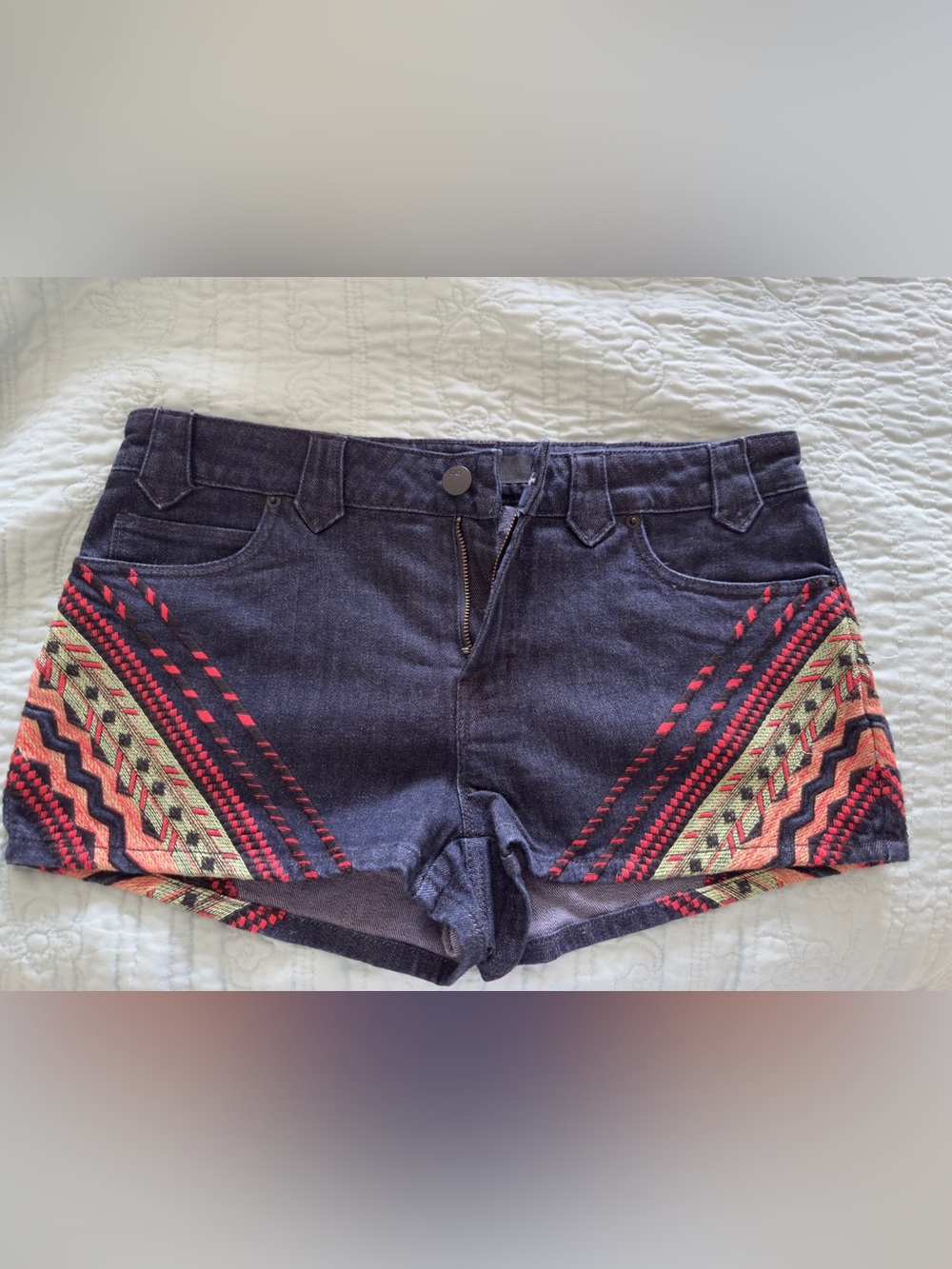 BDG Dark Blue Denim Shorts with Red & Orange Embroidery